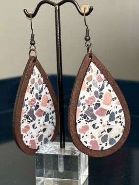 Boho Terrazzo Wood Teardrop Dangle Earrings